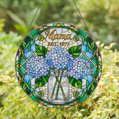 Hydrangea Flower Mason Jar Mama EST. 1977 Stained Glass - Mother's Day Gift for Mom Stained Glass Suncatcher