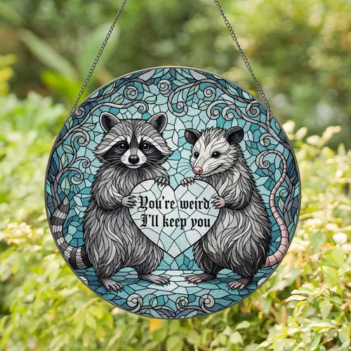 Raccoon Opossum Heart "You're Weird I'll Keep You" Woodland Animals Friendship Gift Stained Glass Suncatcher