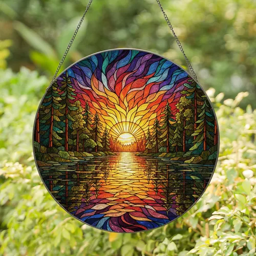 Stained Glass Sunset Lake River Trees Art - Tiffany Style Intricate Jewel Tone Reflective Nature Stained Glass Suncatcher