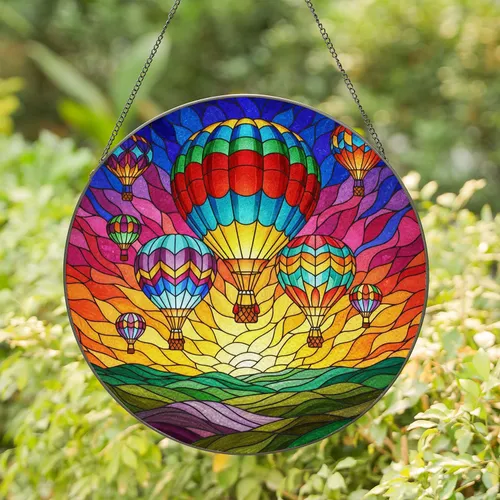 Tiffany Style Stained Glass Three Hot Air Balloons, Mosaic Sky Hills & Valleys Art Stained Glass Suncatcher