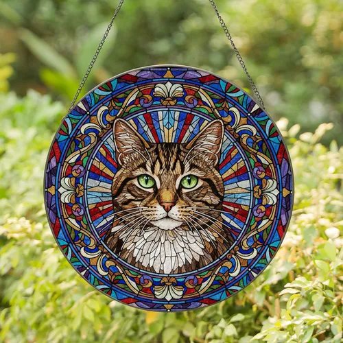 Brown Black Tabby Cat Emerald Eyes Stained Glass Tiffany Style Art Mosaic Decor Stained Glass Suncatcher