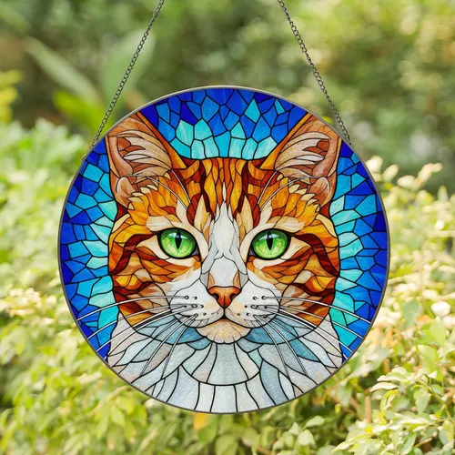 Orange White Cat Face Tiffany Style Stained Glass, Green Eyes, Blue Teal Mosaic Art Stained Glass Suncatcher