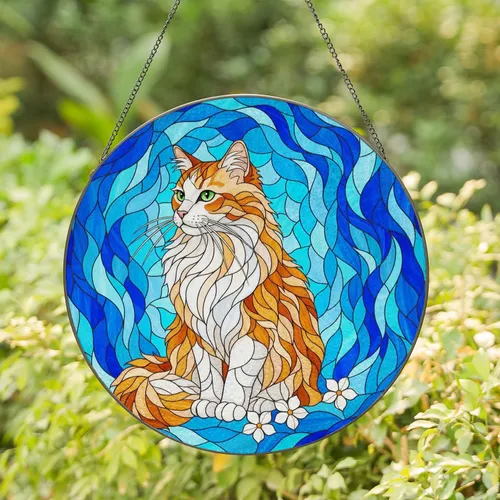 Fluffy Orange White Cat Green Eyes Outline Flowers Blue Teal Mosaic Tiffany Glass Art Stained Glass Suncatcher