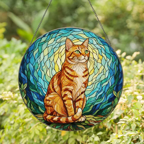 Elegant Orange Tabby Cat Stained Glass Tiffany Style Colorful Intricate Mosaic Art Stained Glass Suncatcher