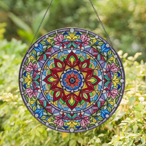 Stained Glass Rosette Mandala Tiffany Style Jewel Tones Intricate Geometric Floral Mosaic Stained Glass Suncatcher