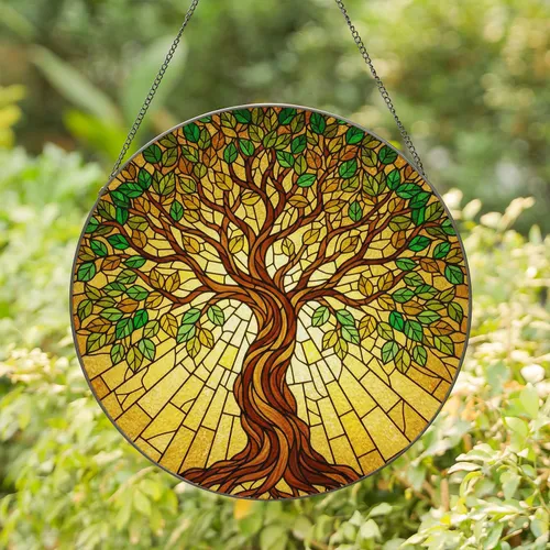 Tree of Life Stained Glass Tiffany Style Mosaic Artwork - Luminous Golden Amber Decor Stained Glass Suncatcher