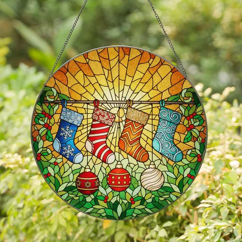 Intricate Christmas Stockings Ornaments Tiffany Stained Glass Mosaic Art - Holiday Gift Stained Glass Suncatcher