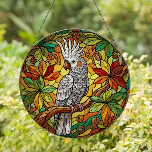 Grey Cockatoo Stained Glass Tiffany Style Leaves Tree Branch Mosaic Window Art Stained Glass Suncatcher