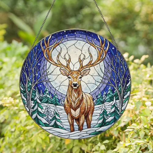 Majestic Stag Antlers Full Moon Night Sky - Winter Forest Stained Glass Wildlife Decor Stained Glass Suncatcher