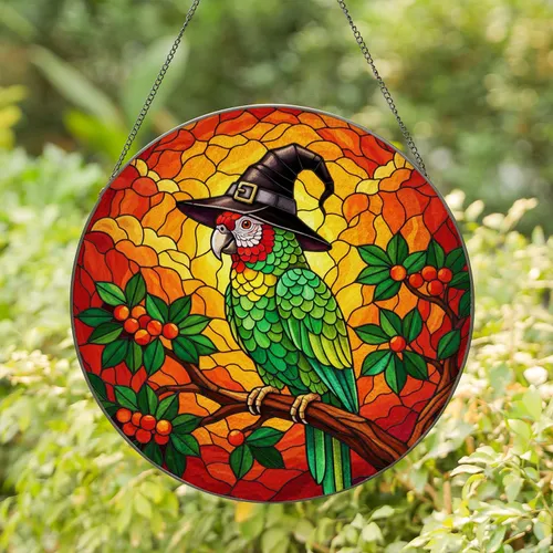 Green Parrot Witch Hat Stained Glass Sunset Mosaic - Tiffany Style Decor Jewel Tones Stained Glass Suncatcher