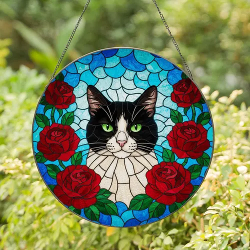 Black Tuxedo Cat Red Roses Tiffany Style - Green Eyed Pet Blue Sky Mosaic Jewel Tone Stained Glass Suncatcher