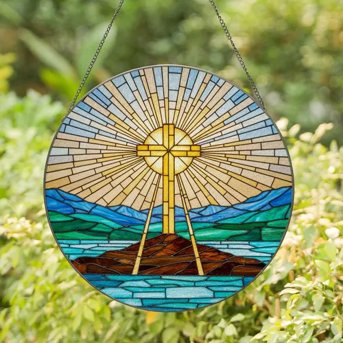 Radiant Golden Cross Stained Glass Art - Dynamic Sky & Sea Tiffany Style Jewel Tones Stained Glass Suncatcher