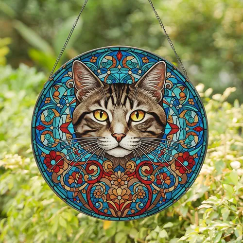 Tabby Cat Tiffany Glass Art - Detailed Feline Mosaic Geometric Window Design for Cat Lovers Stained Glass Suncatcher