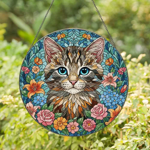 Stained Glass Mosaic Kitten Blue Eyes with Floral Frame - Tiffany Style Decor Gift Stained Glass Suncatcher