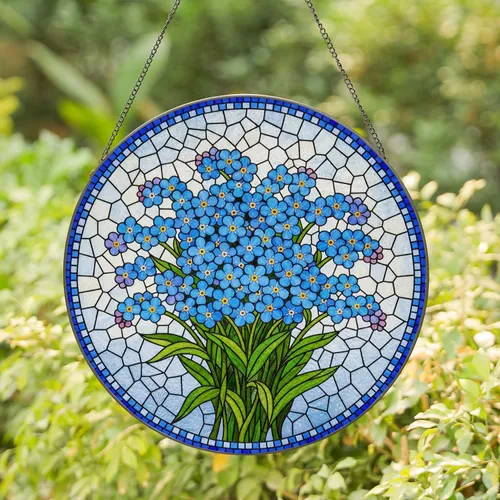 Forget-Me-Not Blue Yellow Flower Bouquet Tiffany Stained Glass Mosaic Art Translucent Jewel Tones Stained Glass Suncatcher