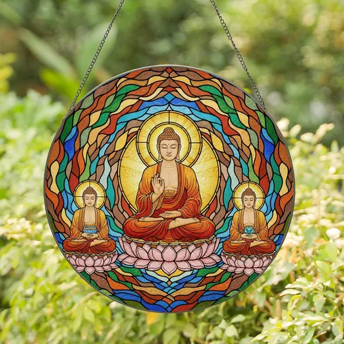 Buddha Lotus Vitarka Mudra Radiating Halo Two Smaller Buddhas Stained Glass Mosaic Stained Glass Suncatcher