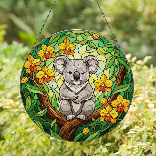Koala Bear Orchid Stained Glass Mosaic Art - Glowing Translucent Tiffany Style Home Decor Stained Glass Suncatcher