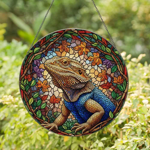 Bearded Dragon Stained Glass Tiffany Style - Autumn Leaves Foliage Jewel Tone Mosaic Stained Glass Suncatcher