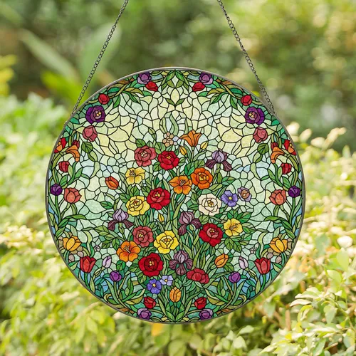 Tiffany Stained Glass Blooming Flower Garden Mosaic - Jewel Tone Floral Dappled Sunlight Stained Glass Suncatcher