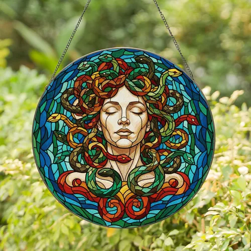 Medusa Stained Glass with Serene Face, Tiffany Style Snakes & Mosaic Tessellation Stained Glass Suncatcher