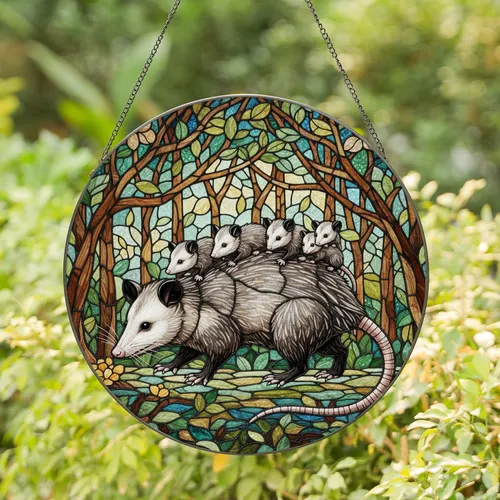 Opossum Family Stained Glass Mosaic Forest Art - Tiffany Style Jewel Tones Wildlife Display Stained Glass Suncatcher