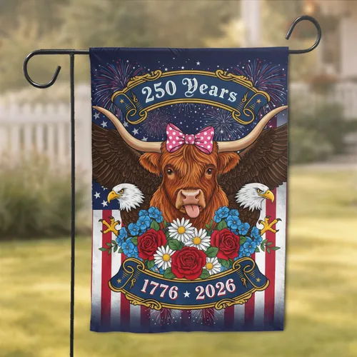Highland Cow Bald Eagle American Flag 1776-2026 - USA 250th Anniversary Celebration Garden Flag