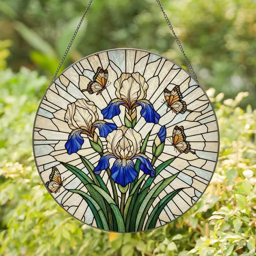 Blooming Irises Butterflies Stained Glass Mosaic Art - Tiffany Style Jewel Tone Home Decor Gift Stained Glass Suncatcher