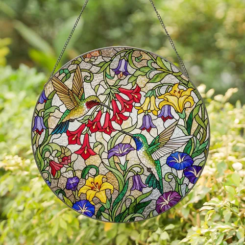 Two Hummingbirds Stained Glass Trumpet Bell Flowers Tiffany Style Jewel Tone Mosaic Art Stained Glass Suncatcher