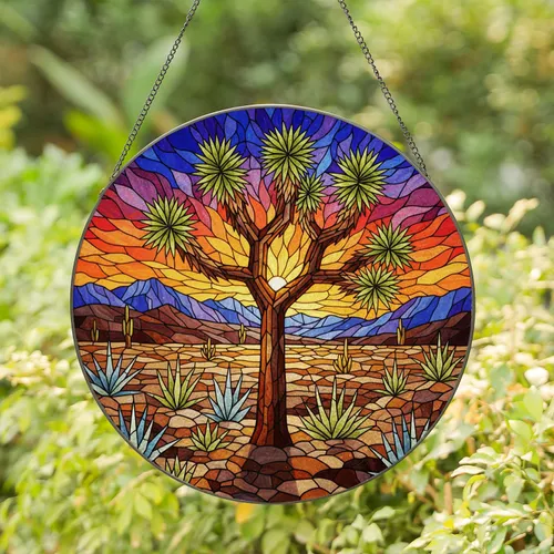 Joshua Tree Desert Plants Stained Glass Mosaic Art - Sunset Mountains Stained Glass Suncatcher