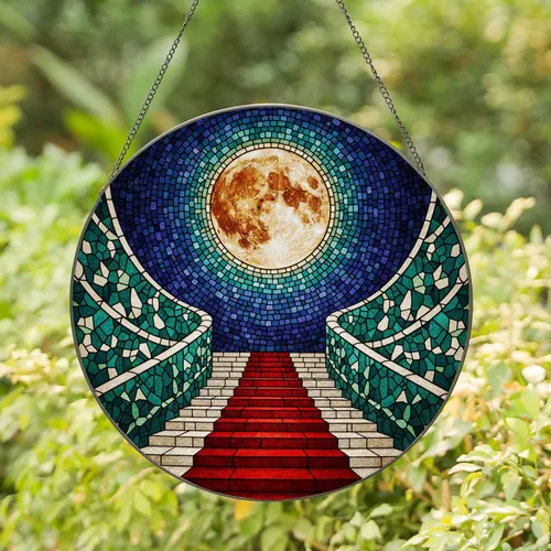 Winding Red Carpet Staircase Deep Tunnel Glass Mosaic Celestial Moon Sun Illuminated Stained Glass Suncatcher