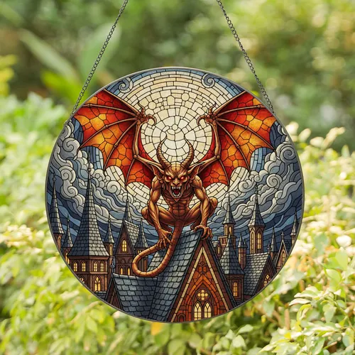 Menacing Horned Gargoyle Stained Glass Art - Gothic Medieval Castle Full Moon Mosaic Stained Glass Suncatcher