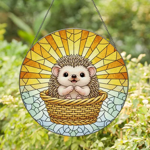 Baby Hedgehog Wicker Basket Stained Glass Art - Tiffany Style Sun Rays Mosaic Geometric Shapes Stained Glass Suncatcher