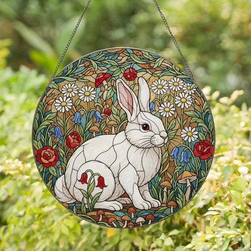 Fluffy White Rabbit Stained Glass - Vibrant Garden Botanical Mosaic Intricate Tiffany Art Stained Glass Suncatcher