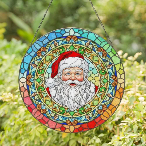 Jovial Santa Claus Stained Glass Mosaic Art - Tiffany Style Christmas Holiday Decor Stained Glass Suncatcher