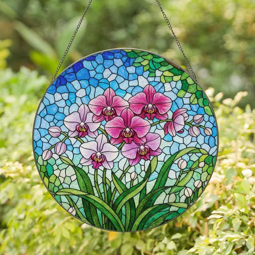 Blooming Orchid Flowers Stained Glass Mosaic - Tiffany Jewel Tone Intricate Window Art Stained Glass Suncatcher