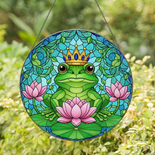 Green Frog Crown Lily Pads Lotus Flowers - Intricate Stained Glass Jewel Tone Mosaic Art Stained Glass Suncatcher