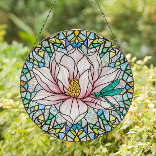 Magnificent Magnolia Dragonfly Tiffany Stained Glass - Intricate Jewel Tone Mosaic Decor Stained Glass Suncatcher