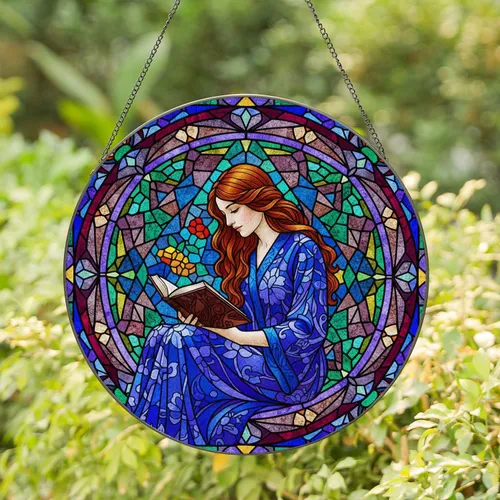 Young Woman Reading Book Stained Glass Mosaic - Tiffany Inspired Intricate Jewel Tone Art Stained Glass Suncatcher
