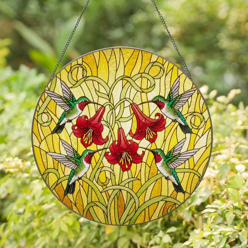 Hummingbird Red Lily Flowers Stained Glass Mosaic Art - Tiffany Style Jewel Tones Stained Glass Suncatcher