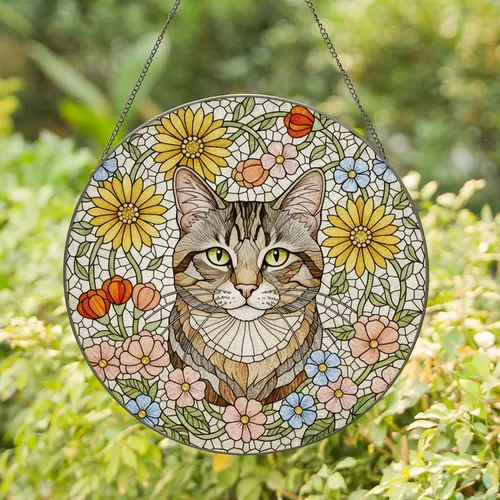 Tabby Cat Head Stained Glass with Green Eyes, Flowers - Jewel Tone Floral Mosaic Tiffany Style Stained Glass Suncatcher