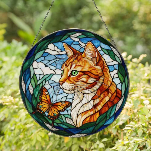 Orange White Tabby Cat Green Eyes Butterfly Intricate Tiffany Glass Mosaic Art Gift Stained Glass Suncatcher