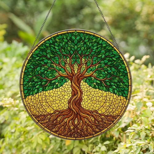 Tree of Life Stained Glass Art - Intricate Circular Mosaic with Glowing Jewel Tones Stained Glass Suncatcher