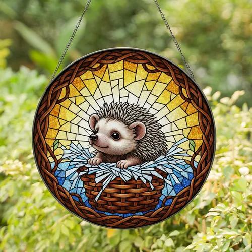 Fluffy Baby Hedgehog Stained Glass Art - Tiffany Style Sky Mosaic Vine Border Decor Stained Glass Suncatcher