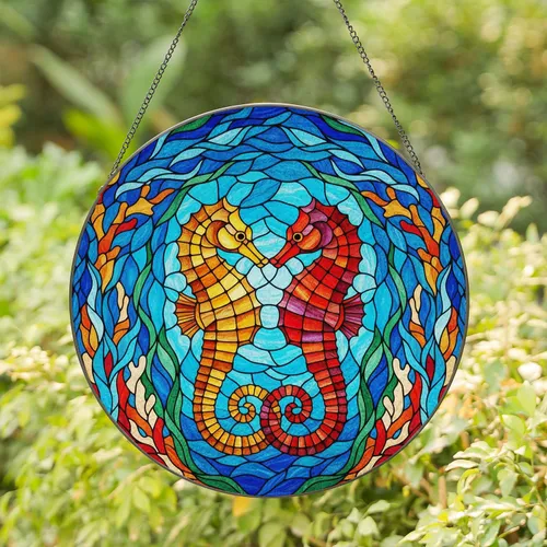 Two Seahorses Stained Glass Ocean Mosaic - Vibrant Coral Seaweed Marine Life Art Stained Glass Suncatcher