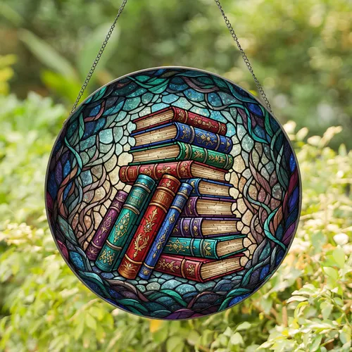 Stained Glass Antique Book Stack Art - Glowing Mosaic Decor Gift for Book Lovers Stained Glass Suncatcher