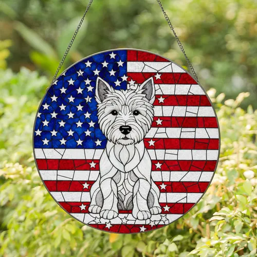 West Highland Terrier Dog American Flag Stained Glass Art - Patriotic Westie Lovers Gift Stained Glass Suncatcher