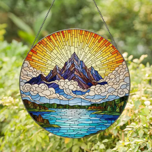 Majestic Mountain Range Stained Glass Art Celestial Lake Glow Tiffany Style Home Decor Stained Glass Suncatcher