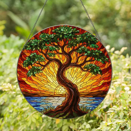 Majestic Leafy Tree Sunset Water Stained Glass Art - Glowing Jewel Tones Home Decor Gift Stained Glass Suncatcher