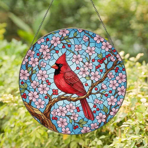 Red Cardinal Bird Cherry Blossom Stained Glass Art - Tiffany Style Jewel Tone Sky Mosaic Stained Glass Suncatcher