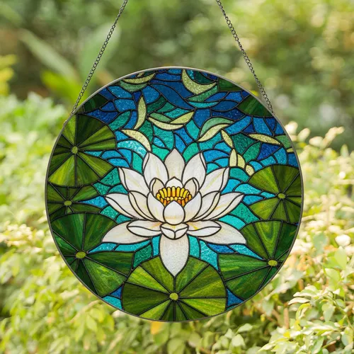 Stained Glass White Water Lily & Lily Pads - Tiffany Style Shimmering Water Pond Art Stained Glass Suncatcher